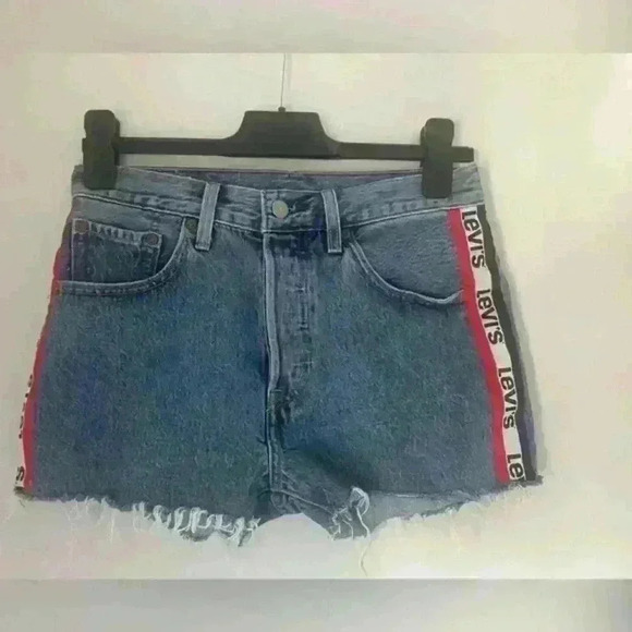 Levi's 501 High Rise Logo Stripe Sport Tape Shorts Jean Denim Shorts size 26 - Picture 6 of 13